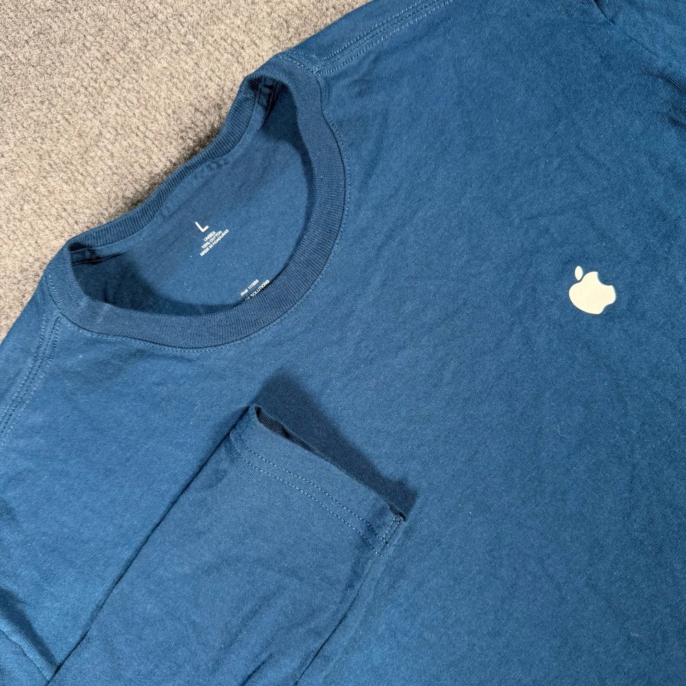 Apple Employee Logo Long Sleeve T-Shirt Blue Teal Cotton Unisex Large #4252
